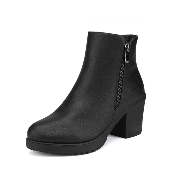 Comfortable Low Heel Chunky Ankle Boots - BLACK PU -  0